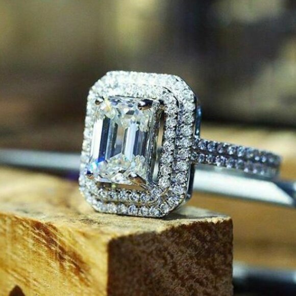 ▶Radiant Cut Zircon Macro Pave Silver Plated Luxury Wedding Ring for Women, L215 - Picture 4 of 4